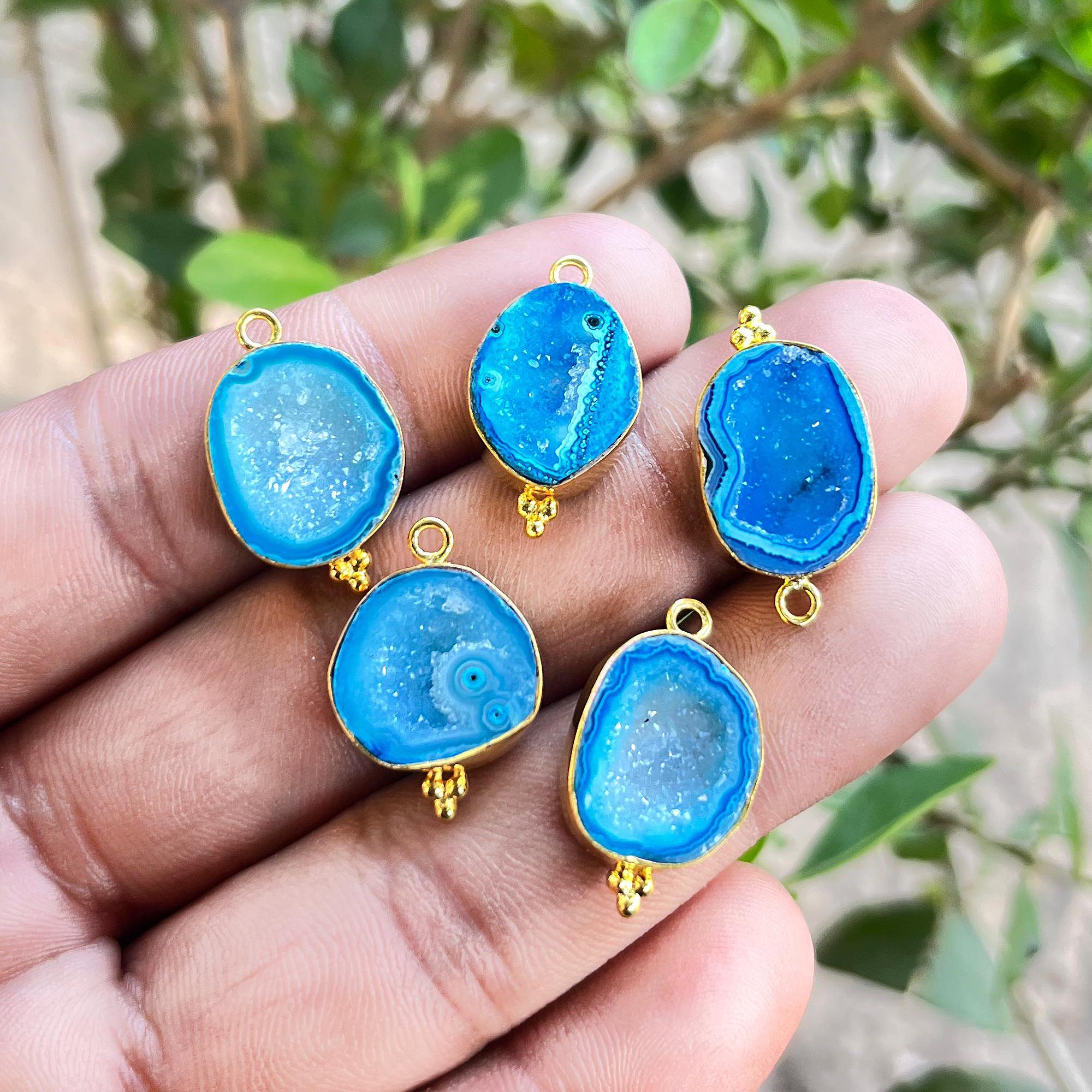 Natural Geode Druzy Connector Charms, Gold Plated Earring Pendants