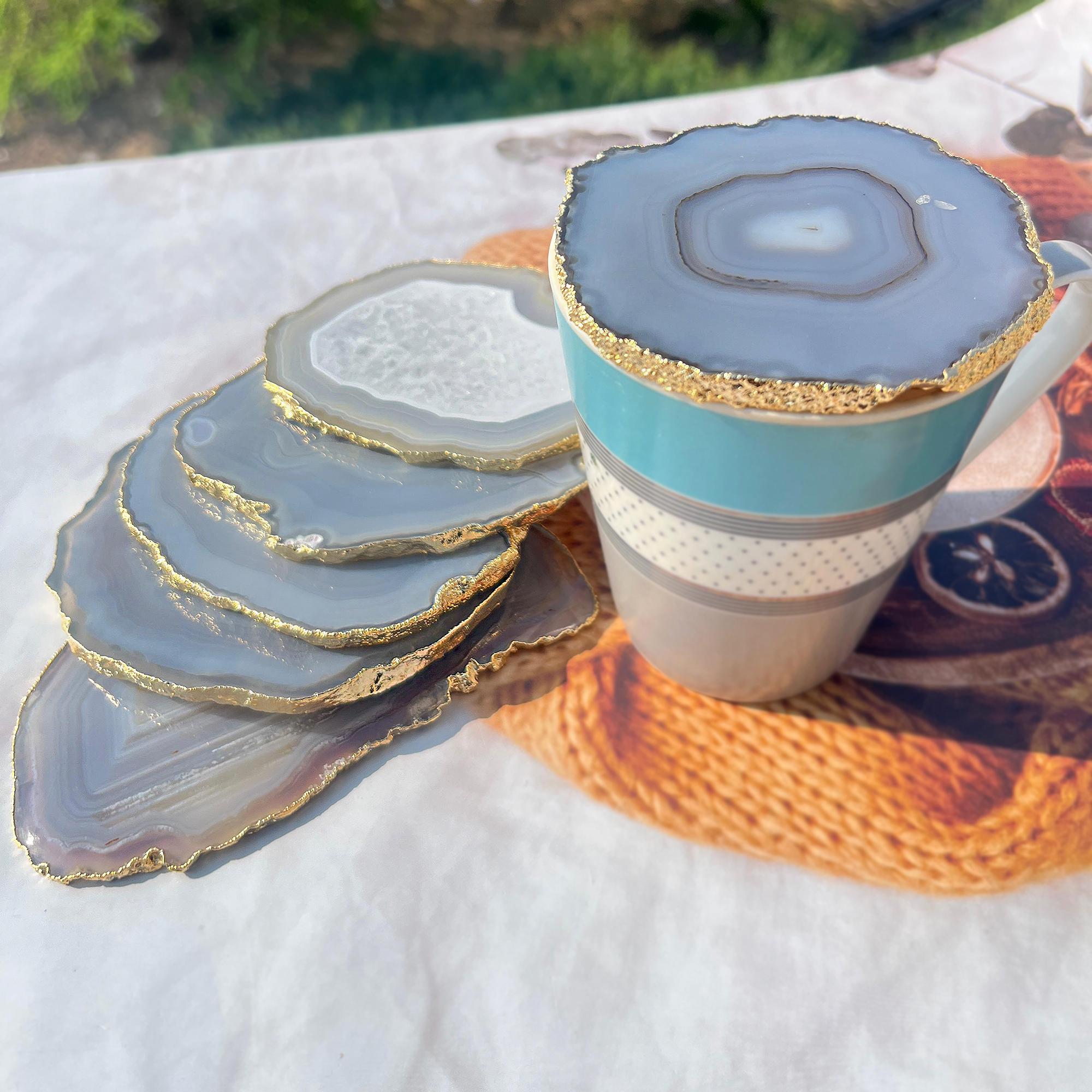 Natural White Agate Slice Coaster, 18k Gold Electroplated Edge Coaster