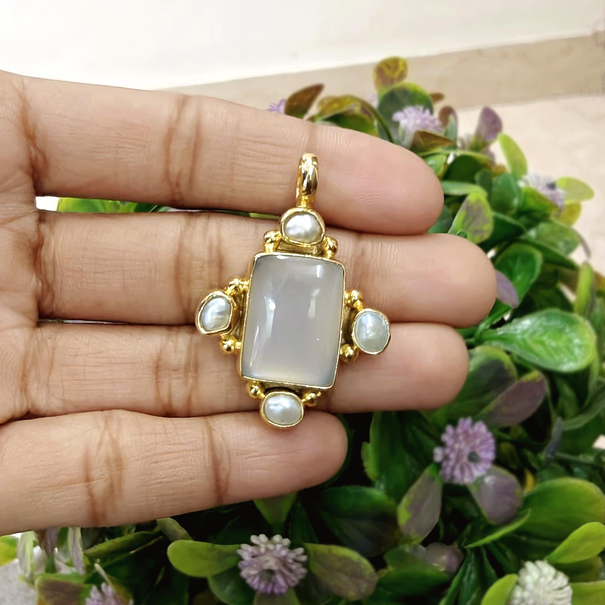 White Moonstone with Tiny Freshwater Pearl Pendant 18k Gold Plated Necklace