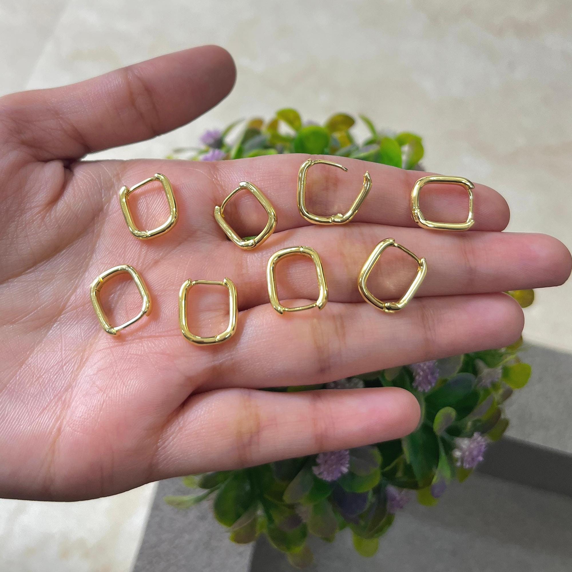 18K Gold Plated Rectangle Hoop Earrings, Brass