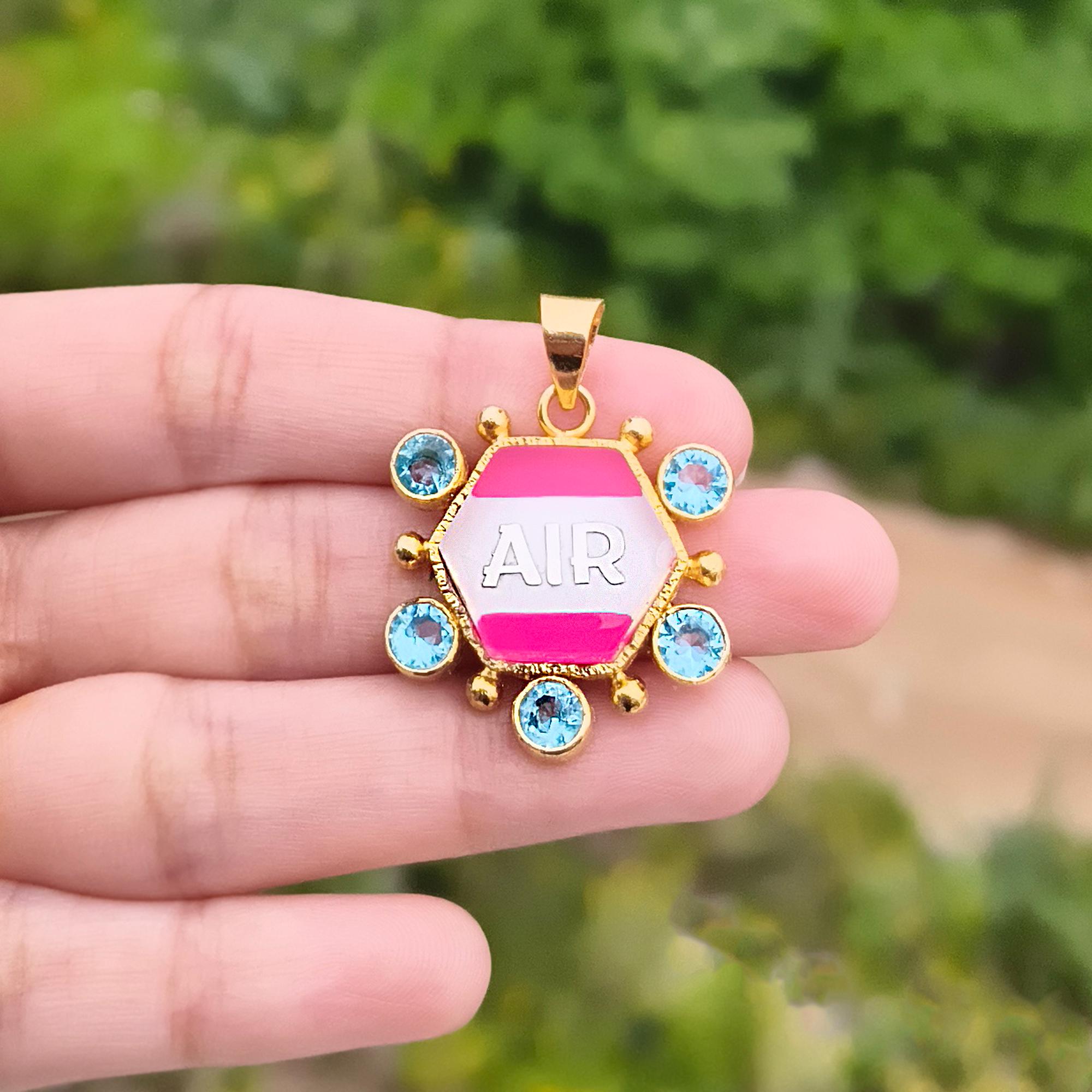AIR Engraved Doublet Quartz Pendant, Gold Plated Sky Blue Gemstone Halo Necklace