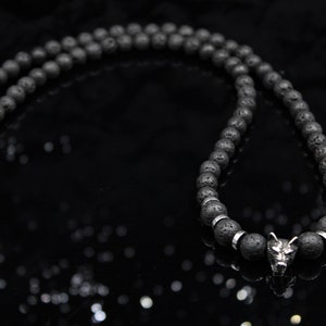 Wolf Necklace Men&#39;s Wild Animal Pearl Necklace Black Silver Lava Stone and Hematite Necklace Special Jewelry Gift for Men Wolf Jewelry