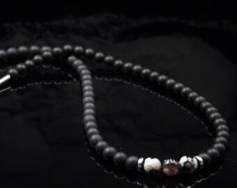 Herren Perlenkette Achat Schwarz auf Edelstahldraht Beziehungsgeschenk Freund freundin Mann