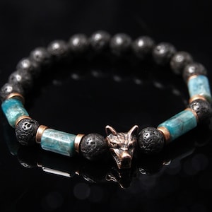 Wolf Bracelet Unisex Lava Apatite Beads Black Blue Copper Beaded Bracelet Men's Jewelry Wild Animal Relationship Gift Boyfriend or Girlfriend