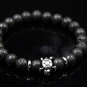 Lava and Sea Turtle Beaded Bracelet Black Silver, Elastic Natural Stone Bracelet Men or Women