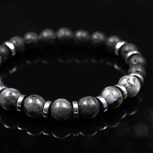 Lava Labradorite Beaded Bracelet Men Women Semi-precious Stone Stretch Bracelet • Black Gray Silver • Modern & Elegant Gift Unisex Modern