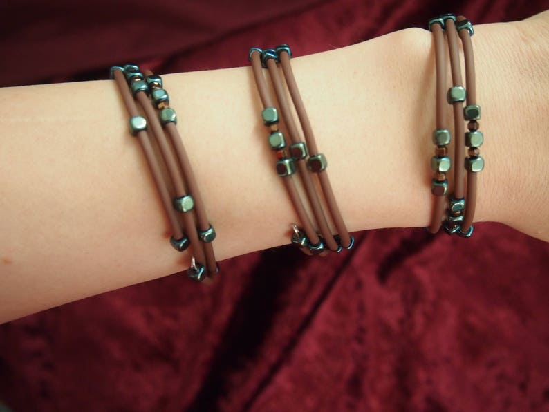 Green hematite women/'s bracelet cube vegan wrap bracelet double brown memory wire bracelet handmade wire bracelet yoga stack bracelet boho