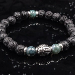 Buddha Bracelet Lava Beads Black Green Agate Gemstone Bracelet Men Women Relationship Gift Meditation Bracelet Buddhism Yoga Stack