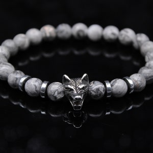 Jasper Gemstone Bracelet Gray Wolf Head Wild Animal Jewelry Men&#39;s Bracelet Men&#39;s Jewelry Gift Idea for Men