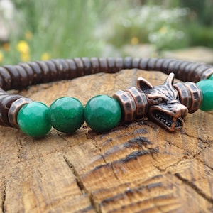 Viking Wolf Bracelet Men Wood & Jade Beads Green Brown Men's Bracelet Gemstone Stretch Bracelet Coconut Jewelry Boyfriend Gift Man