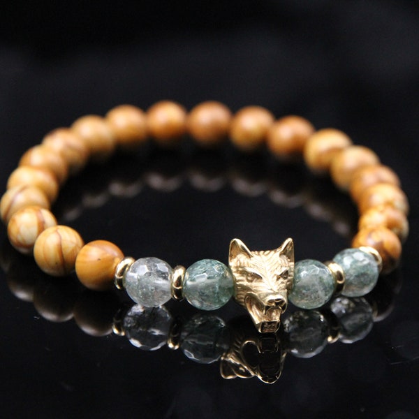 Unique wolf head pearl bracelet men's brown green golden - nature-related animal jewelry for every occasion