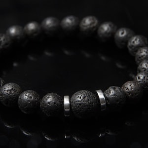 Black Lava Bead Bracelet Men – Silver Hematite – Gift for Boyfriend Man – Elastic, Modern & Elegant – Natural Stone Bracelet Men
