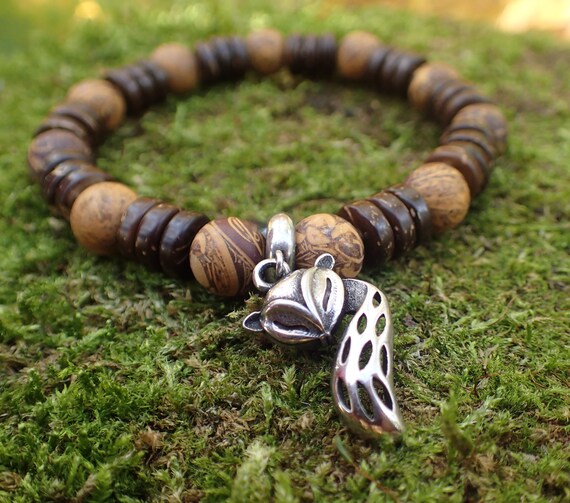 Fuchs Perlenarmband Damen Braun Holz Halbedelstein Jaspis Kokosnuss Naturtöne Wald Tier Besonderes Geschenk Hippie Boho Weihnachtsgeschenk