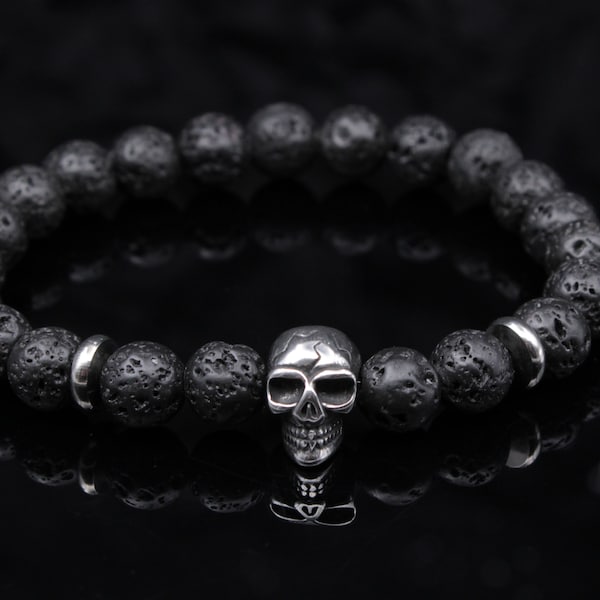 Totenkopf Armband Männer Lava Perlen Schwarz Perlenarmband Herren Schmuck Totenkopf Punk Beziehungs Geschenk Feund Geburtstag Männer Stretch