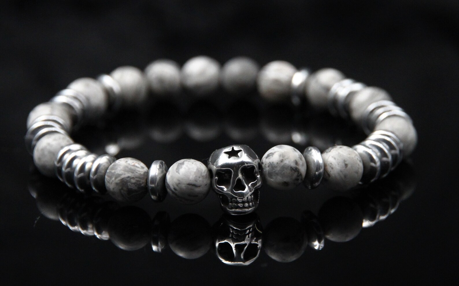 Tête de mort perles Bracelet hommes argent gris jaspes | Etsy