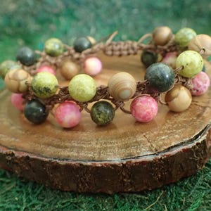 Colorful multi-gemstone bracelet beads in spring colors | Macrame bracelet with jade & petrified wood | Colorful statement bracelet for women