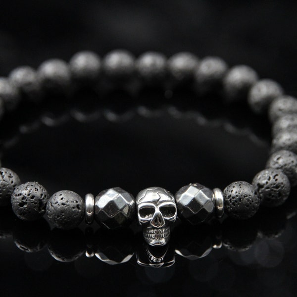 Skull Bracelet Lava Stone & Hematite Beads Stretch Bracelet with Skull - The Must-Have Accessory for Style-Conscious Men a Cool Gift