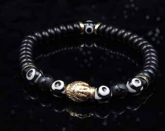 Buddha Bead Bracelet Men's Black Hoz Golden Steel Beads Stretch Bracelet Yoga Meditation Jewelry for Men and Women