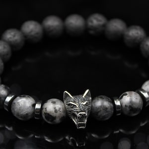 Herren Armband Wolf | Lavastein & Labradorit | Naturstein Perlenarmband | Spiritueller Schmuck | Geschenk für Männer | Stretch Armband Tier