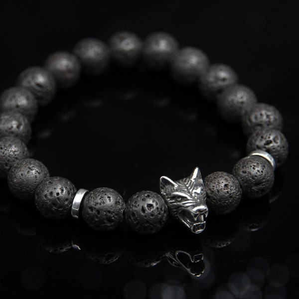 Wolf Bracelet Lava Volcanic Rock Hematite Stainless Steel Bead Bracelet Men Black Silver Stretch Bracelet for Men Special Gift Animal