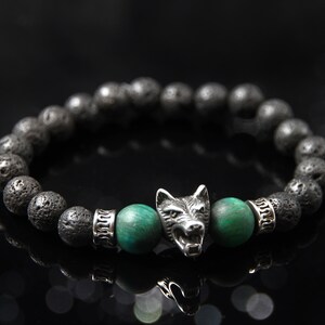 Wolf Armband Heren – Stretch Armband Gemaakt van Lava Tijgeroog Zwart Groen Zilver Edelsteen Sieraden Cadeau voor Mannen & Vrienden Wild Dier