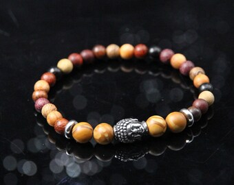 Men and women buddha head bead bracelet wood natural tones stone bracelet yoga meditation gift for him and her Christmas