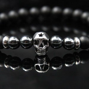 Punk Rock Skull Beaded Bracelet Men Hematite Agate Father Gift Idea Men Jewelry Modern Elastic Bracelet Cool