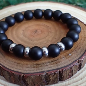 Father&#39;s Day gift bracelet man Black bead bracelet for men - 10 mm round beads with silver stainless steel spacers, stretch bracelet