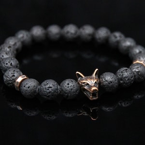 Copper Wolf Head Bracelet Stone Men with Black Lava Stone - Perfect Relationship Gift Men Father&#39;s Day Boyfriend Birthday Gift