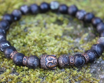 Real Agate Buddha Bead Bracelet Men's Agate Copper Black - Handmade Yoga Meditation Bracelet - Gift Idea for Men
