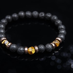 Pulsera de piedras preciosas para hombre y mujer: ojo de tigre de lava y hematita | Pulsera elástica en negro, marrón y dorado