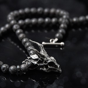 Fantasy Dragon Head Skull Necklace for Men Black Lava Stone Beaded Necklace Gothic Cult Gift Men