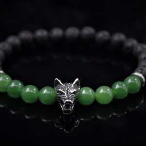 Viking Wolf Bracelet Men Lava Jade Beads Black Green Elastic Gemstone Bracelet Steel Animal Jewelry Men Gift brutalist