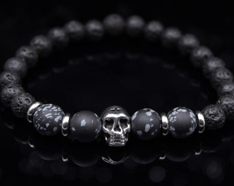 Skull Beaded Bracelet Men's Real Lava Obsidian - Rocking Jewelry Silver Black Valentine's Day Gift Easter Boyfriend