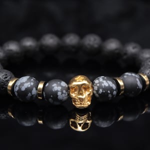 Men&#39;s skull bracelet lava stone stretch bracelet with obsidian and hematite and stainless steel skull - the perfect gift for cool friends