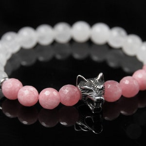 Wolf Perlenarmband Frauen Rosa Weiß Silber  Jade Achat Perlen  Rosa Weiß Silber Edelstein  valentinstagsgeschenk, freund Ostergeschenk