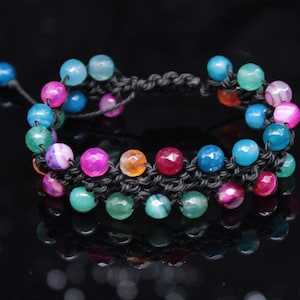 Colorful Gemstone Beaded Bracelet Macrame Yarn Black Wide Stone Bracelet