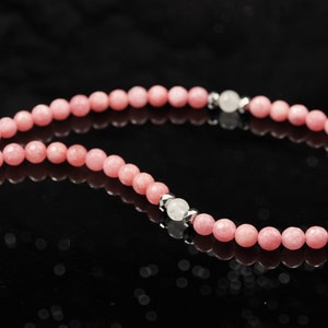Pink and White Jade Semi-precious Stone Necklace - 8 mm Faceted Beads, Silver Accents