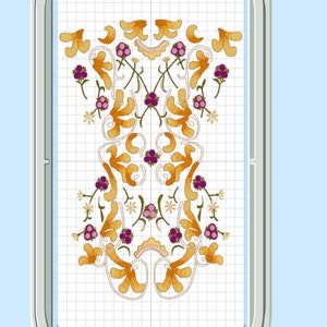 Puede incluir: Un diseño simétrico con hojas naranjas estilizadas y bayas moradas sobre un fondo blanco. El diseño está enmarcado por una cuadrícula.
