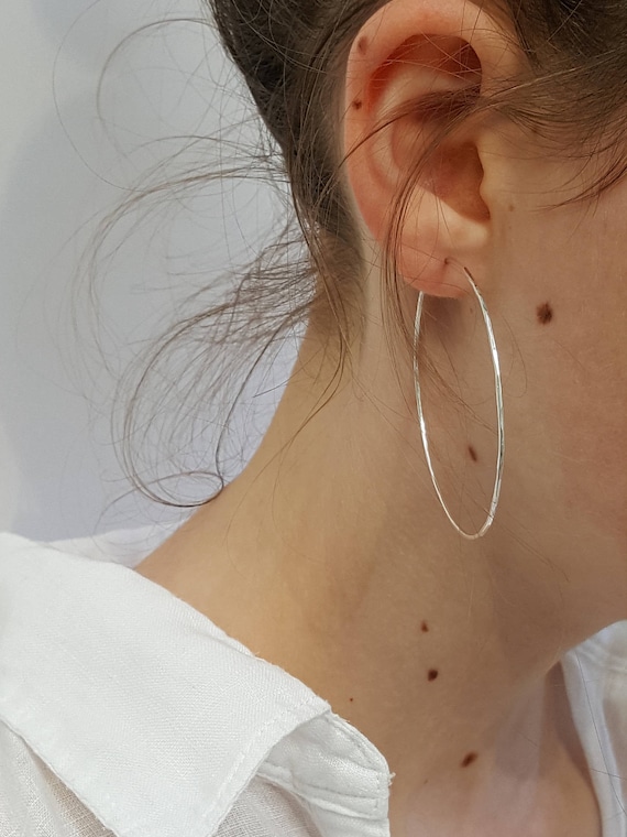Large Silver Hoop Earrings Thin Hammered Sterling Silver Hoops Big