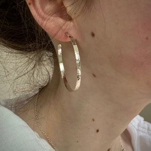 Large Silver Hoop Earrings  -  2 Inch Flat Hammered Sterling Silver Hoops