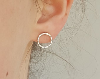 Silver Circle Stud Earrings - Hammered Open Circle Studs