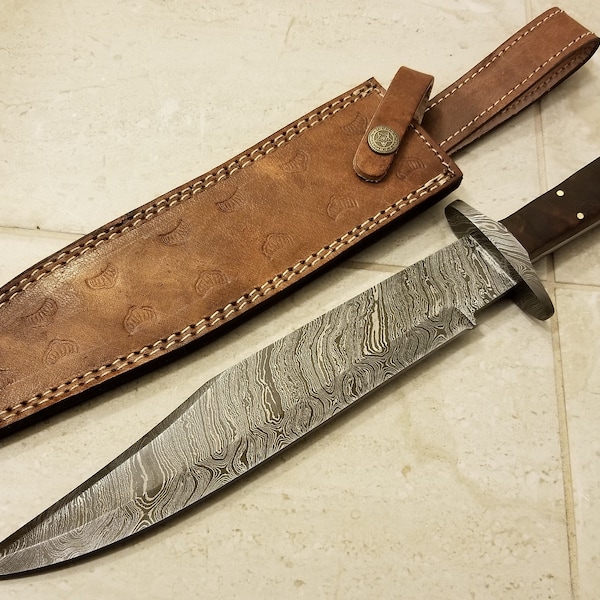 Handmade Damascus Steel 15.5 Inches Bowie Knife - Solid Rose Wood Handle