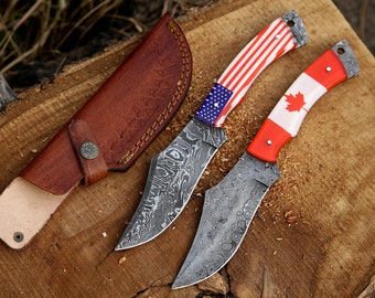 Damascus Steel Patriotic Knife: Veteran Gift with USA/Canada Flag Handle