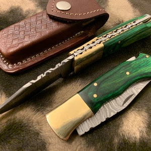 Damascus Folding pocket knife-Groomsmen Gift Survival Knife Green Micarta sheet