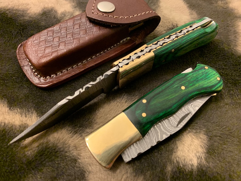 Damascus Folding pocket knife-Groomsmen Gift Survival Knife Green Micarta sheet