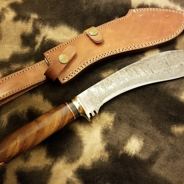 BF12-Damascus Steel Kukri Knife 15" with Rose Wood And Brass Guard Scale