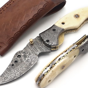 Damascus folding knife with liner locker, Multi colour mosaic, pin, Buffalo bone handle material overall 4inch length