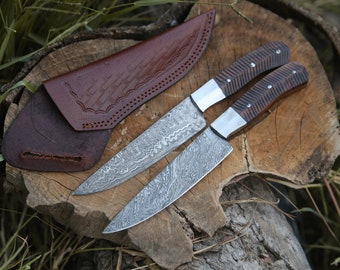 Damascus Chef Knife: Rosewood Handle, Leather Sheath