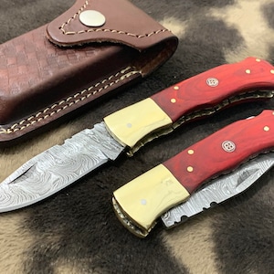 Damascus Folding pocket knife-Groomsmen Gift Survival Knife Red Micarta sheet